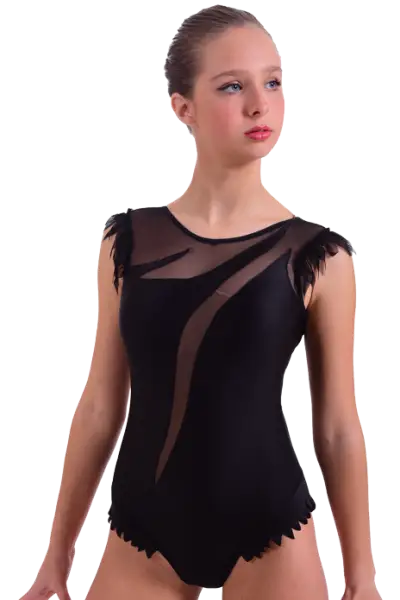 Maillot de gimnasia rítmica sin mangas en lycra negra y tul negro con hombros y falda acabados en picos.