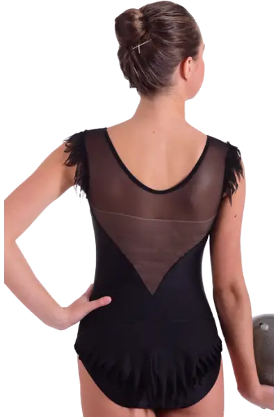 Maillot de gimnasia rítmica sin mangas en lycra negra y tul negro con hombros y falda acabados en picos.