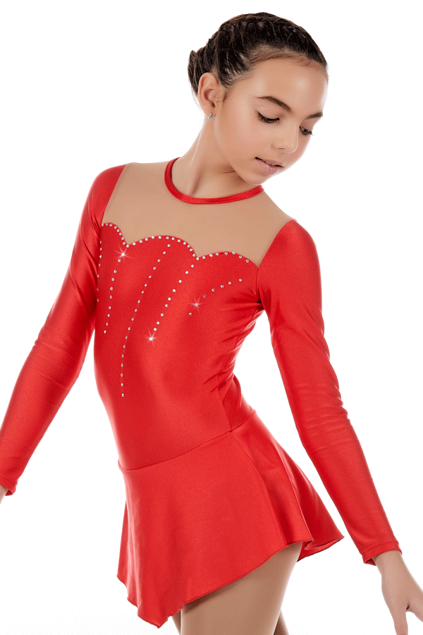 Maillot de Patinaje Rojo con Tul Carne y Cristales