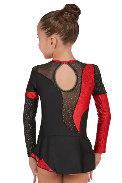 Maillot de gimnasia rítmica con falda en lycra lisa negra, brillante roja y tul elástico negro.