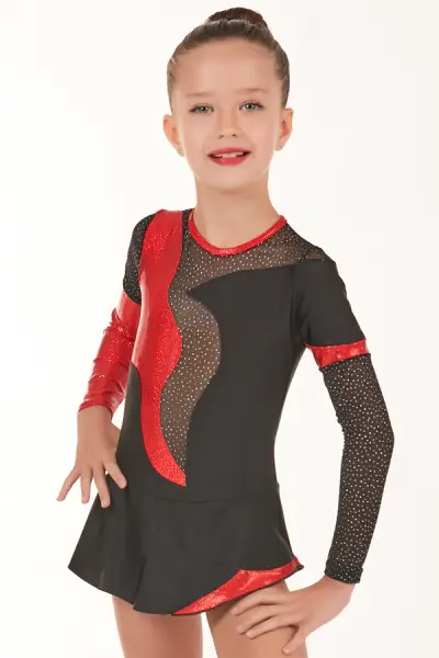 Maillot de gimnasia rítmica con falda en lycra lisa negra, brillante roja y tul elástico negro.