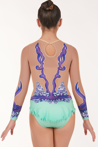 Justaucorps de GR turquoise en lycra sur tulle chair transparent, volants pointus aux épaules.