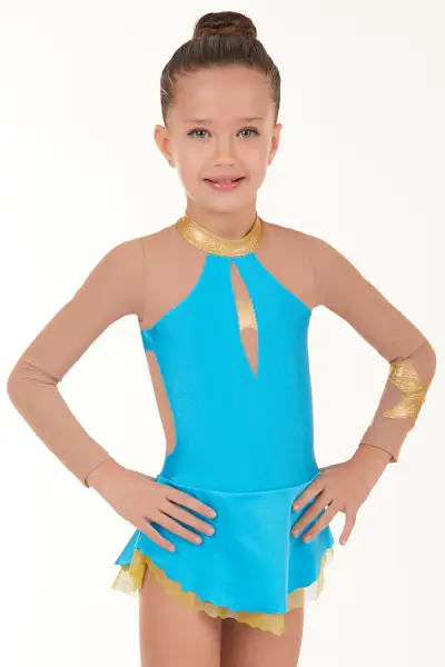 Maillot de gimnasia rítmica azul turquesa en licra sobre tul transparente carne, con doble falda y detalles dorados.