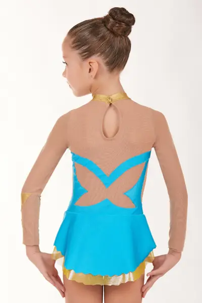 Maillot de gimnasia rítmica azul turquesa en licra sobre tul transparente carne, con doble falda y detalles dorados.