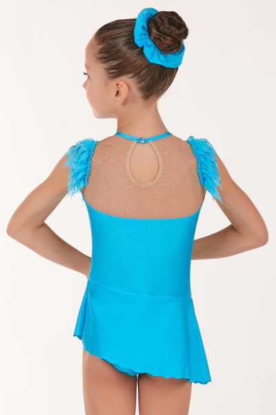 Justaucorps de GR turquoise en lycra sur tulle chair transparent, volants pointus aux épaules.